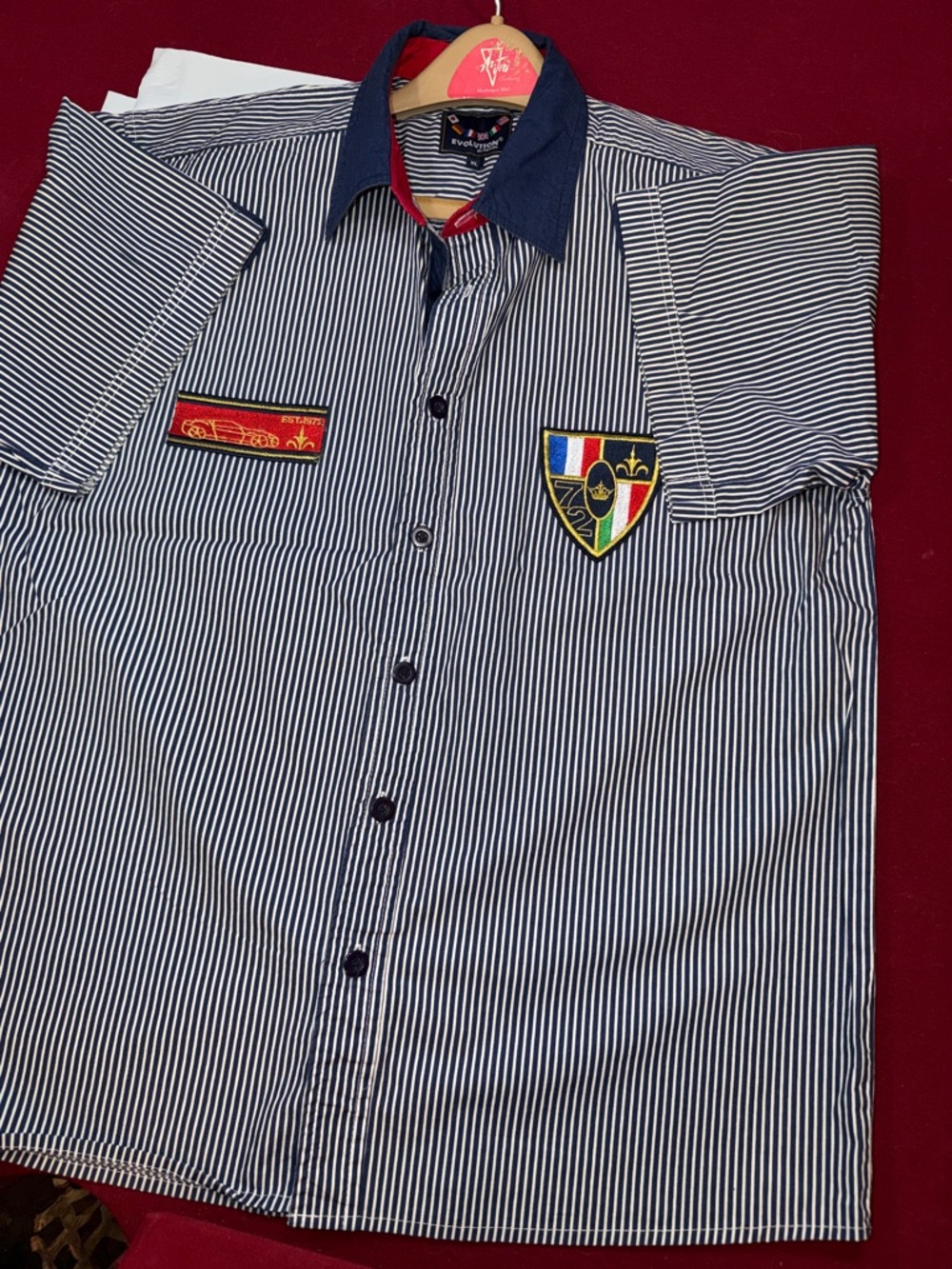 90s blue Striped flag CREST PREPPY button down shirt short sleeves men’s XL NICE